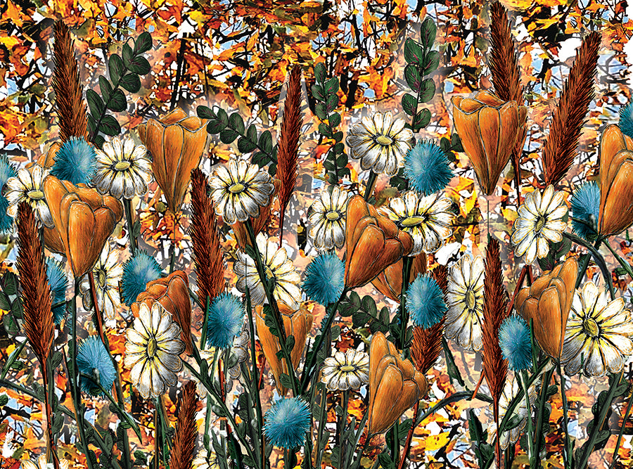 Colorful floral pattern with orange, blue, and white flowers on a multicolored background