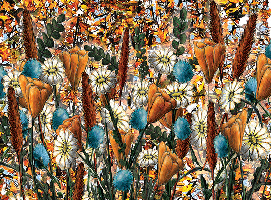 Colorful floral pattern with orange, blue, and white flowers on a multicolored background