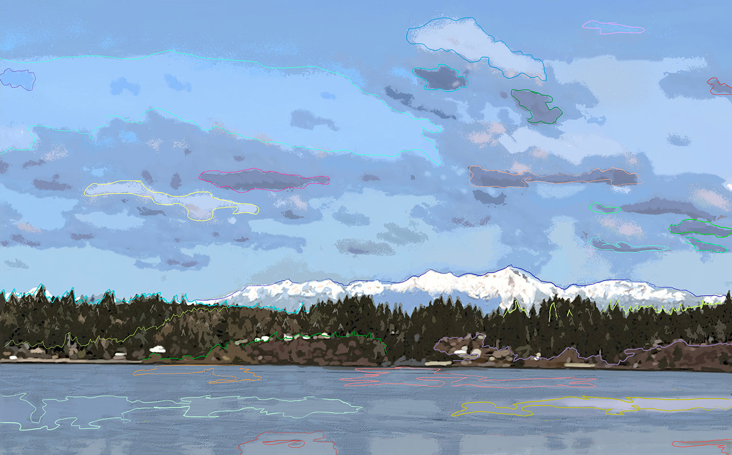Scenic view of a lake with trees and mountains under a blue sky with clouds.