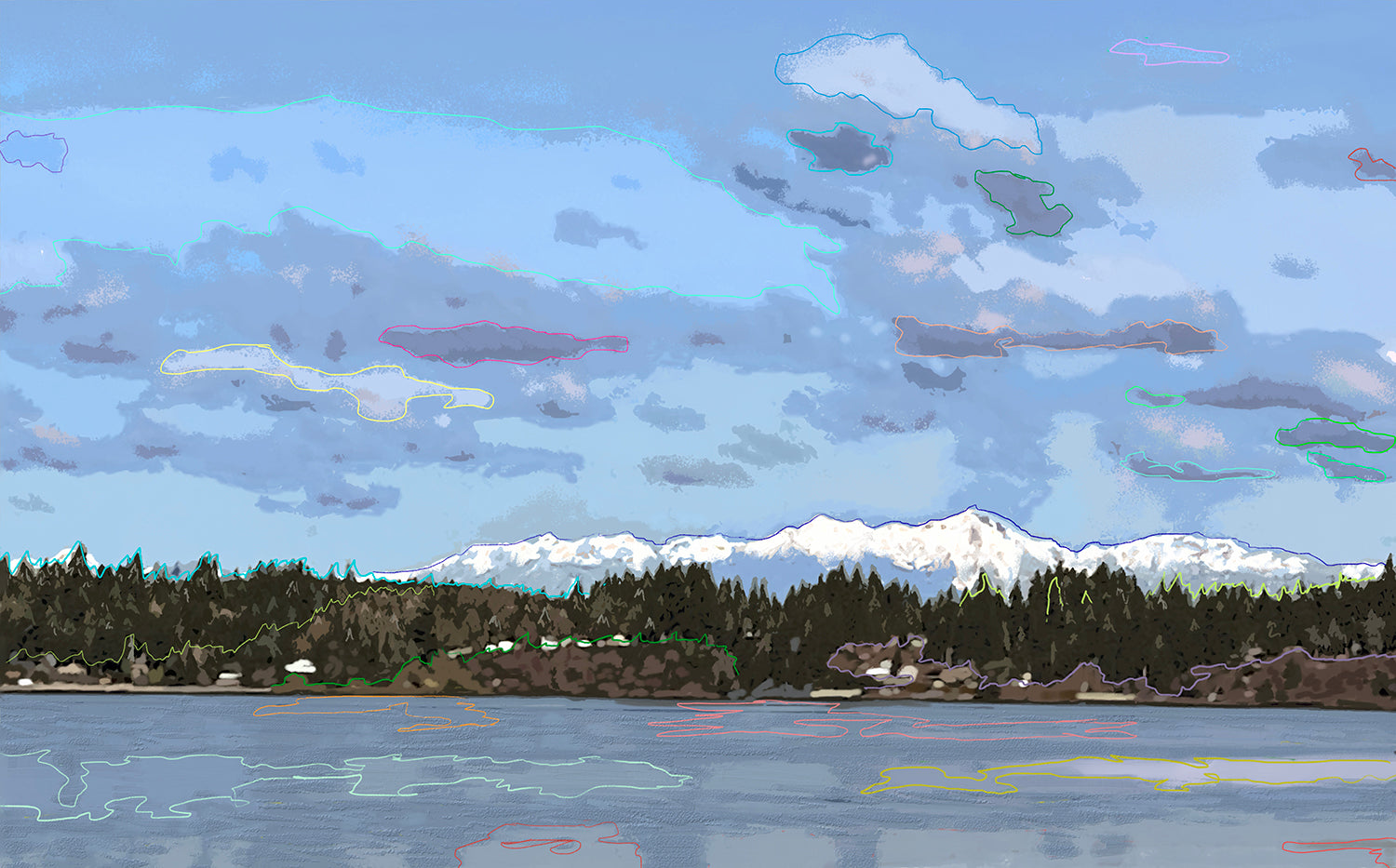 Scenic view of a lake with trees and mountains under a blue sky with clouds.